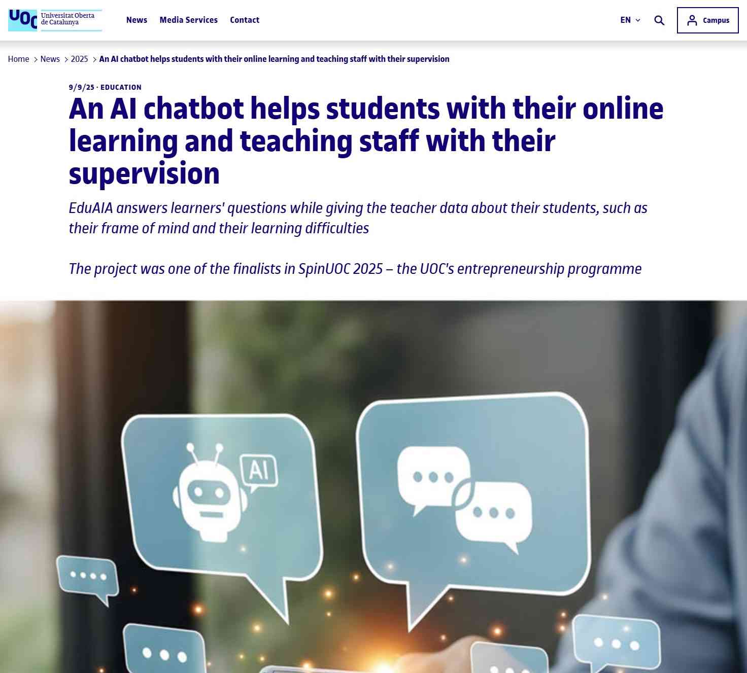 An AI chatbot helps students with their online learning and teaching staff with their supervision